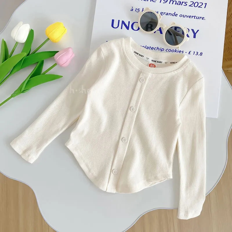 Spring New Children Solid Ribbed Tops Long Sleeve Breathable T-shirt Girls Basic Tee Kids Slim Casual Clothes