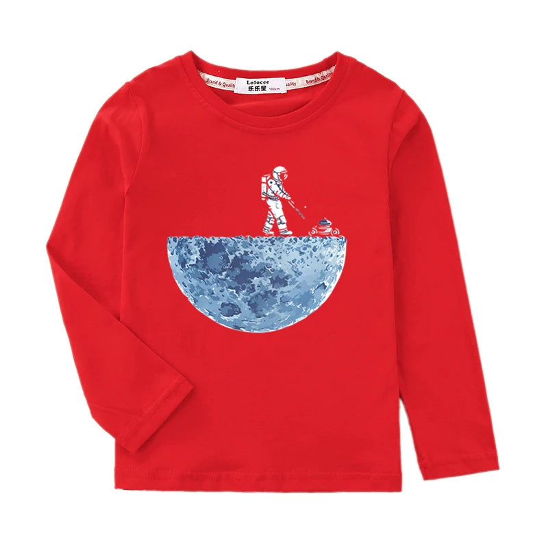 Boys Long Sleeved Shirt Astronaut Funny T-shirt Spring Autumn Cotton Clothes Kid Spaceman Fashion Tops