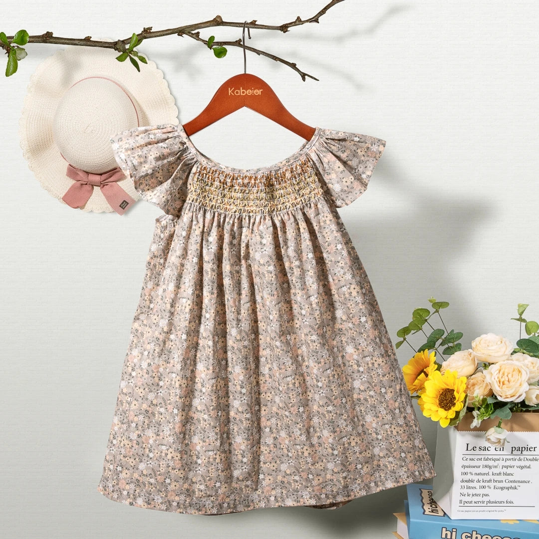 Floral Summer Dress for 1 2 3 4 5 6 Years Girls Smocking Design with Flying Sleeve Baby Toddler Daily Cute Clothes
