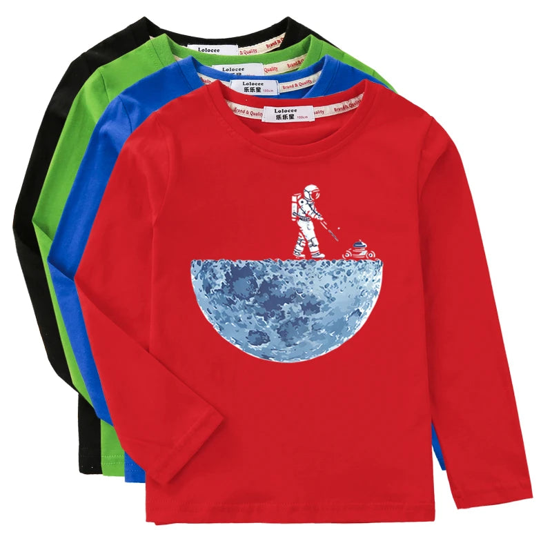 Boys Long Sleeved Shirt Astronaut Funny T-shirt Spring Autumn Cotton Clothes Kid Spaceman Fashion Tops