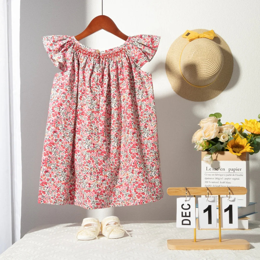 Floral Summer Dress for 1 2 3 4 5 6 Years Girls Smocking Design with Flying Sleeve Baby Toddler Daily Cute Clothes