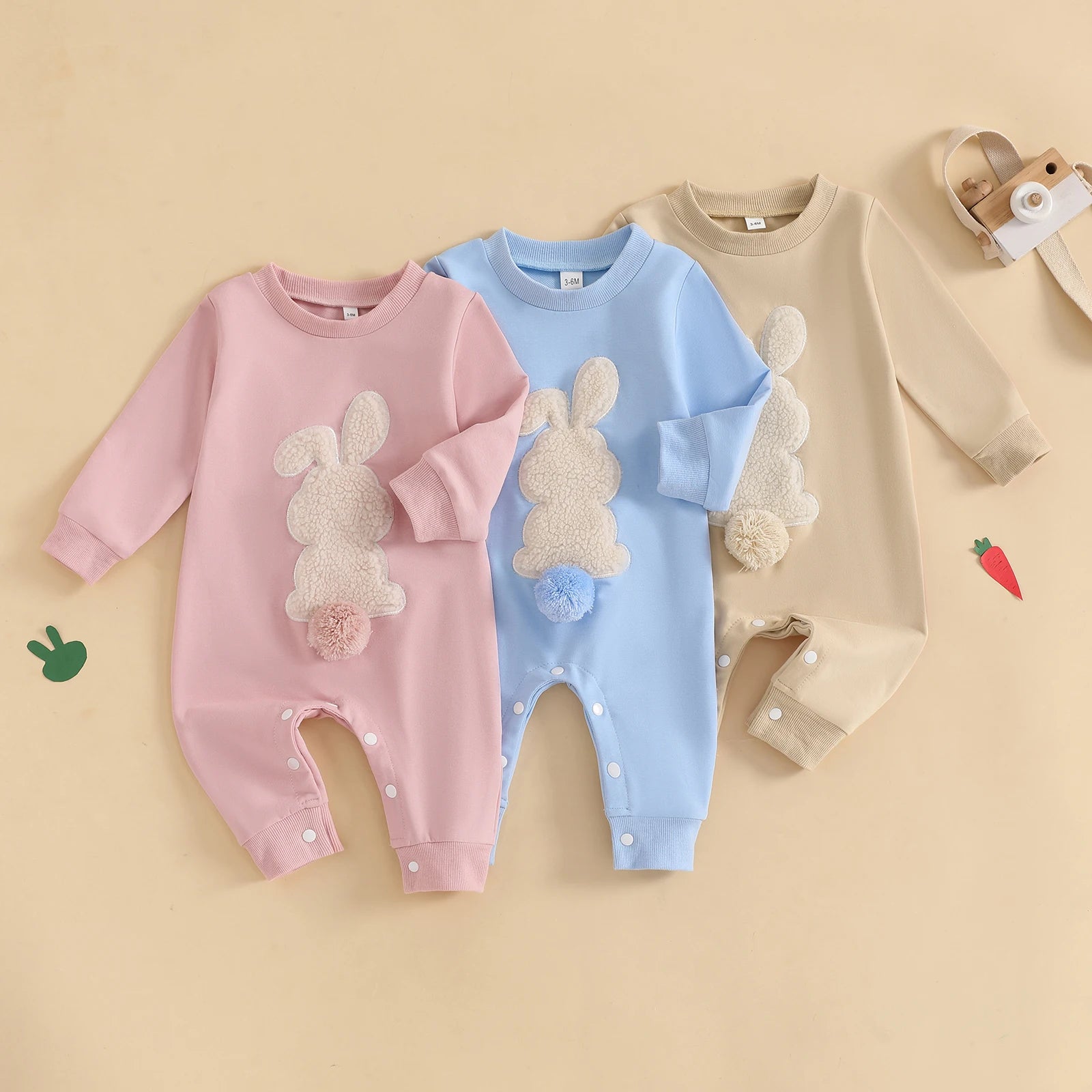 Citgeett Spring Easter Infant Baby Girls Boys Rompers Plush Bunny Embroidery Long Sleeve Jumpsuit Clothes