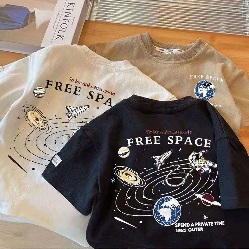 Kids Boy Space Pattern T Shirt Children Short-Sleeved Trendy Tees Clothes Baby Summer Popular Crewneck Loose T-Shirts Tops 1-7T