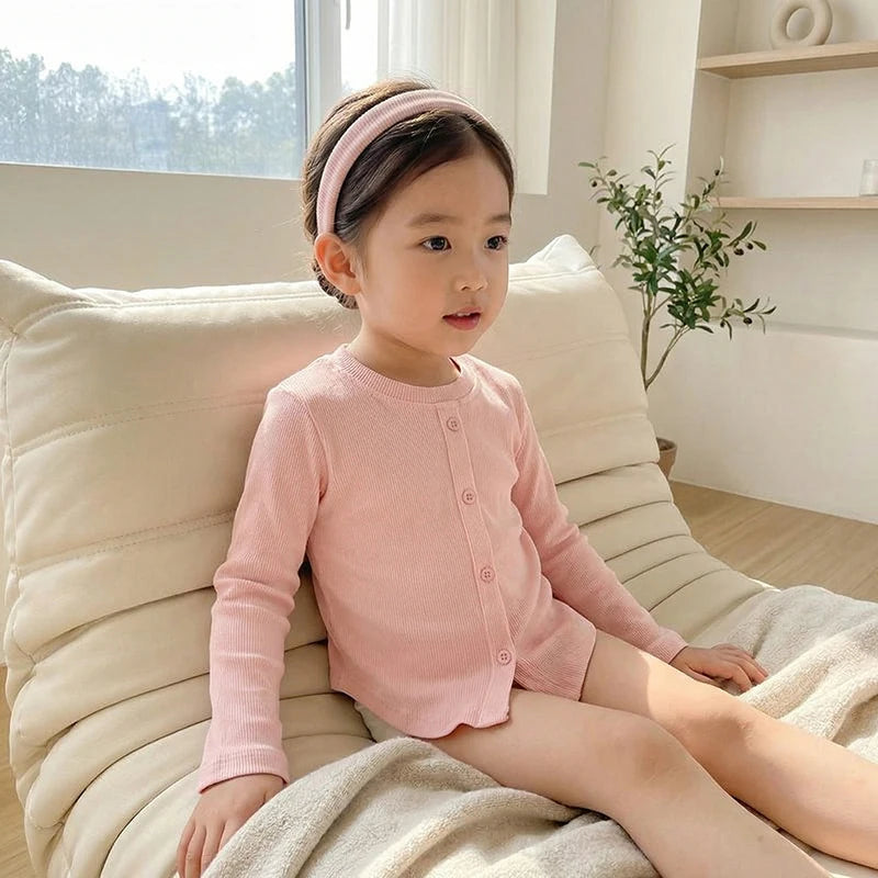 Spring New Children Solid Ribbed Tops Long Sleeve Breathable T-shirt Girls Basic Tee Kids Slim Casual Clothes