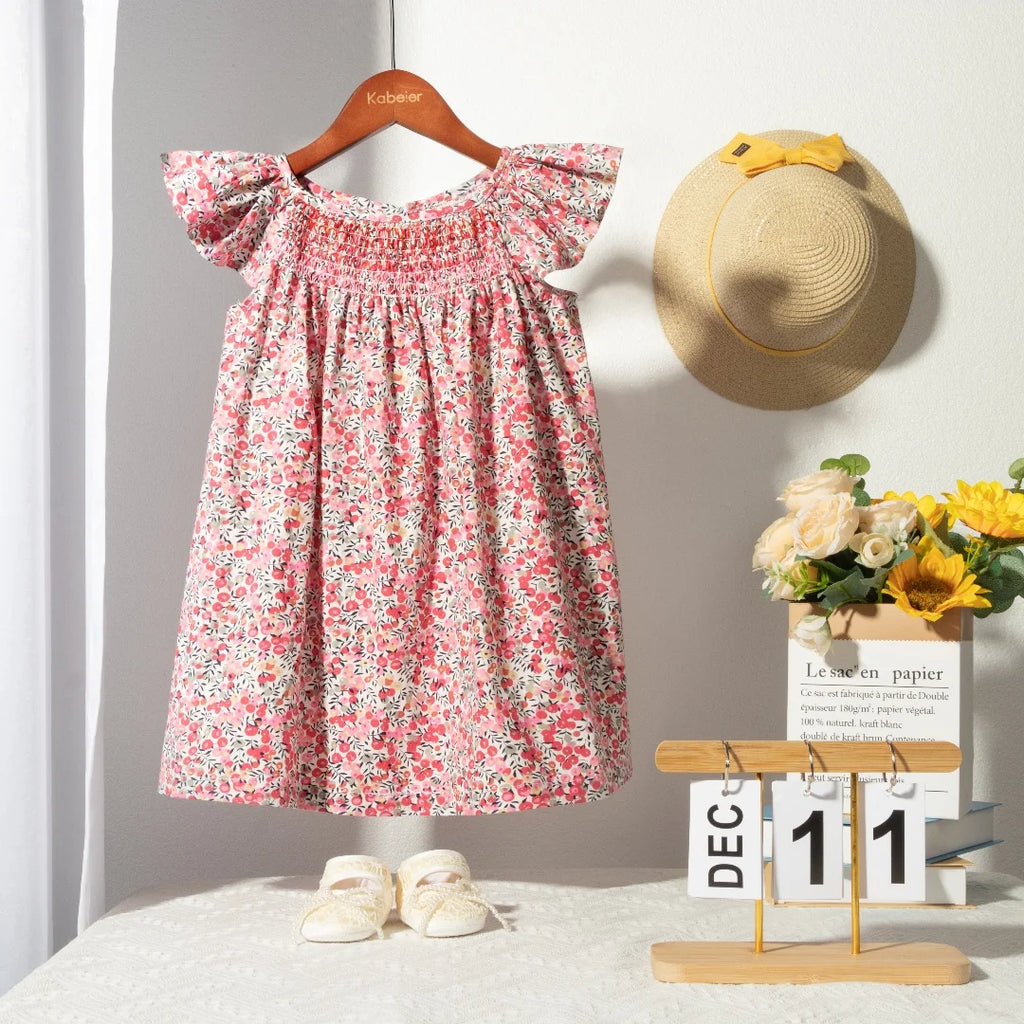 Floral Summer Dress for 1 2 3 4 5 6 Years Girls Smocking Design with Flying Sleeve Baby Toddler Daily Cute Clothes
