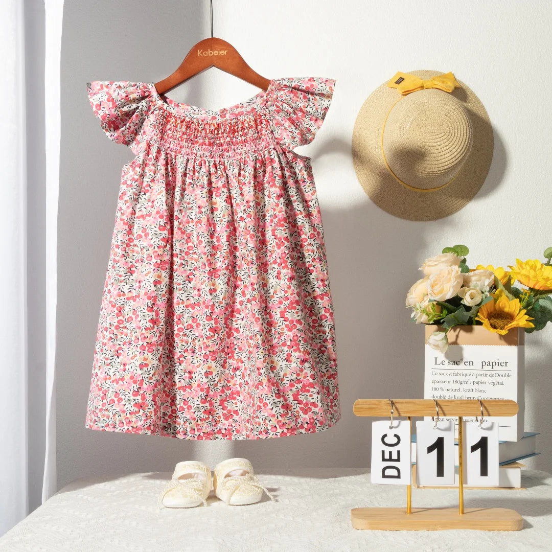 Floral Summer Dress for 1 2 3 4 5 6 Years Girls Smocking Design with Flying Sleeve Baby Toddler Daily Cute Clothes