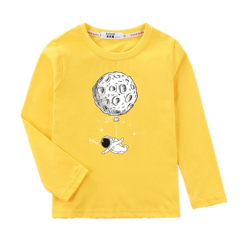 Boys Long Sleeved Shirt Astronaut Funny T-shirt Spring Autumn Cotton Clothes Kid Spaceman Fashion Tops