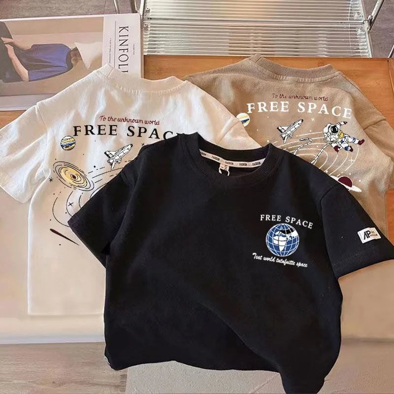 Kids Boy Space Pattern T Shirt Children Short-Sleeved Trendy Tees Clothes Baby Summer Popular Crewneck Loose T-Shirts Tops 1-7T