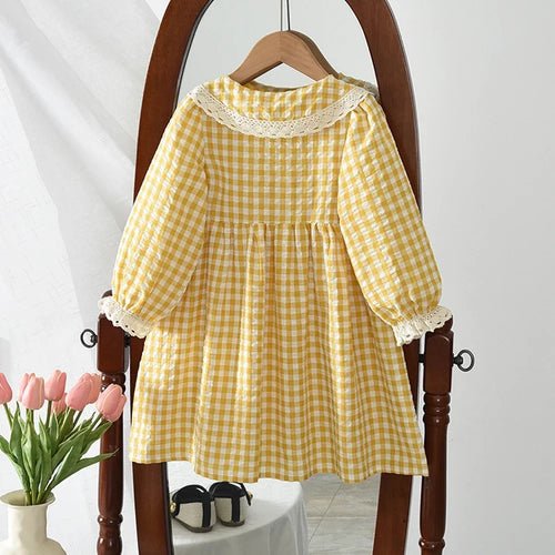Autumn 3-7 Years Girls Fashion New Long Sleeve Plaid Print Loose Dress 1 Pc Kids Casual Wear Fashion Sweet Cute Clothes