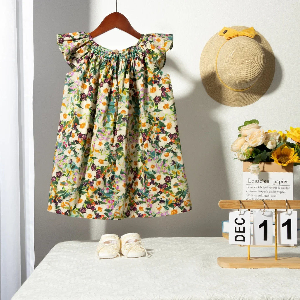 Floral Summer Dress for 1 2 3 4 5 6 Years Girls Smocking Design with Flying Sleeve Baby Toddler Daily Cute Clothes