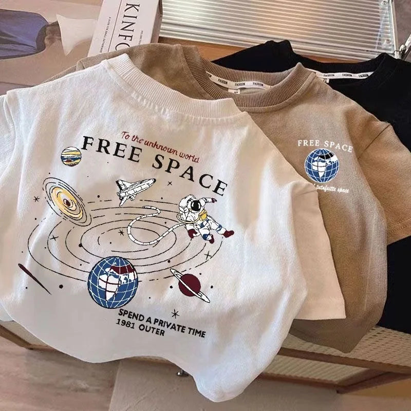 Kids Boy Space Pattern T Shirt Children Short-Sleeved Trendy Tees Clothes Baby Summer Popular Crewneck Loose T-Shirts Tops 1-7T