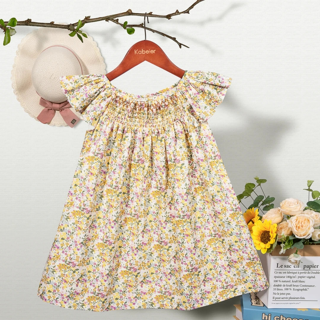 Floral Summer Dress for 1 2 3 4 5 6 Years Girls Smocking Design with Flying Sleeve Baby Toddler Daily Cute Clothes