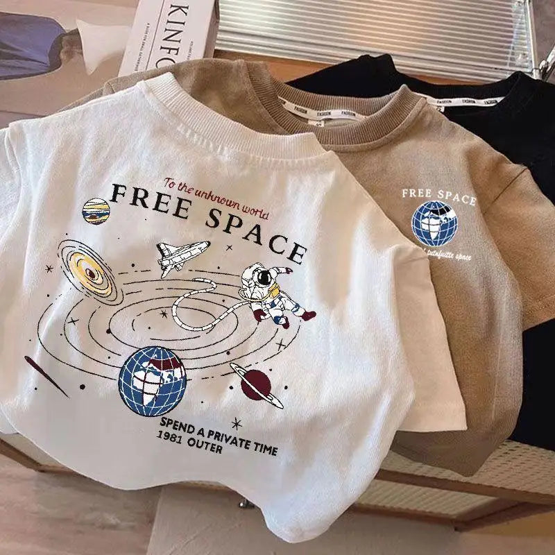Kids Boy Space Pattern T Shirt Children Short-Sleeved Trendy Tees Clothes Baby Summer Popular Crewneck Loose T-Shirts Tops 1-7T