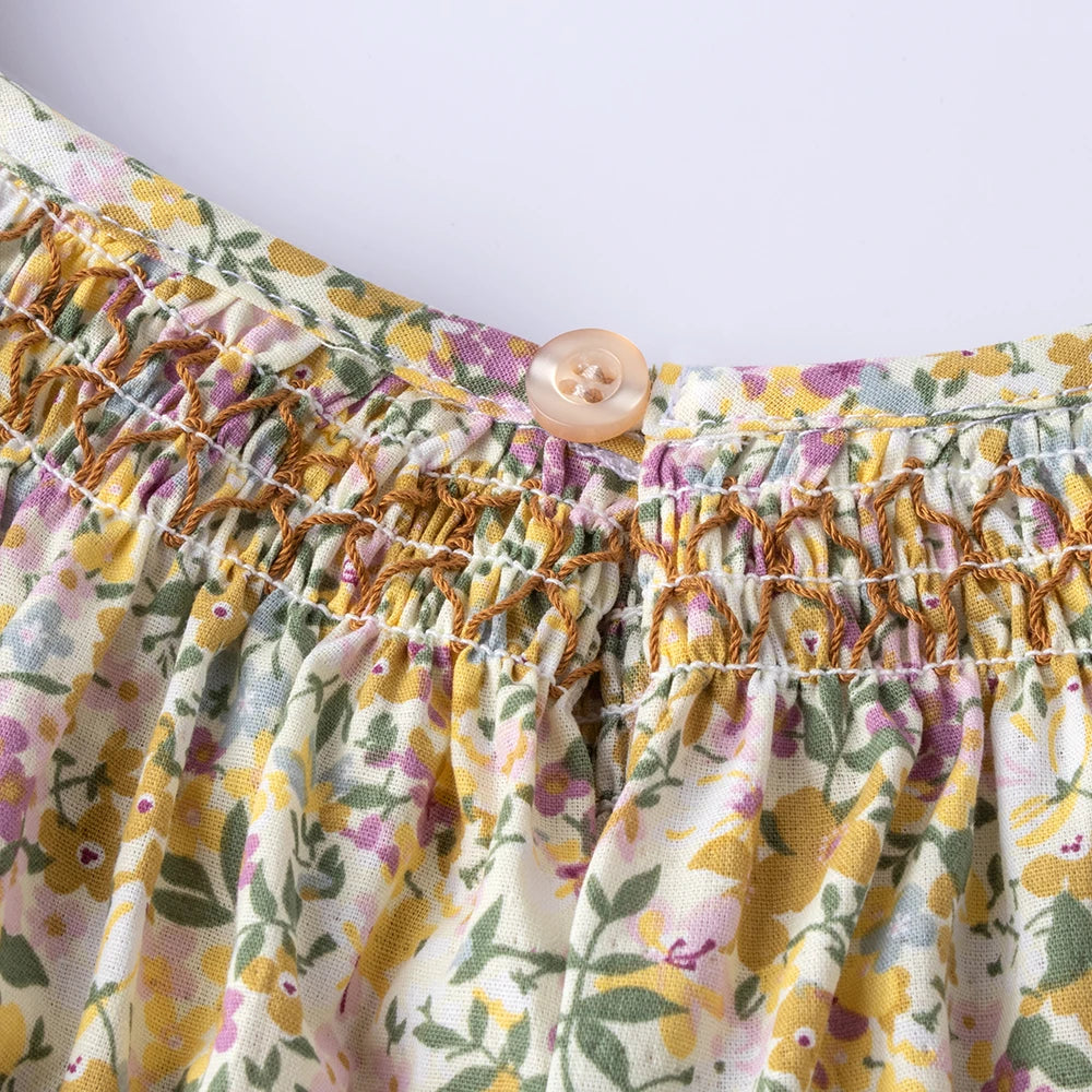 Floral Summer Dress for 1 2 3 4 5 6 Years Girls Smocking Design with Flying Sleeve Baby Toddler Daily Cute Clothes