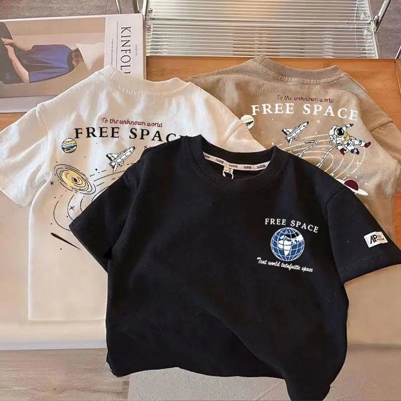 Kids Boy Space Pattern T Shirt Children Short-Sleeved Trendy Tees Clothes Baby Summer Popular Crewneck Loose T-Shirts Tops 1-7T