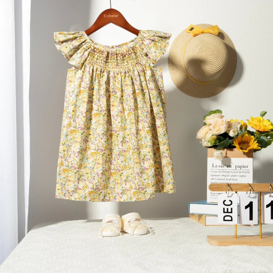 Floral Summer Dress for 1 2 3 4 5 6 Years Girls Smocking Design with Flying Sleeve Baby Toddler Daily Cute Clothes