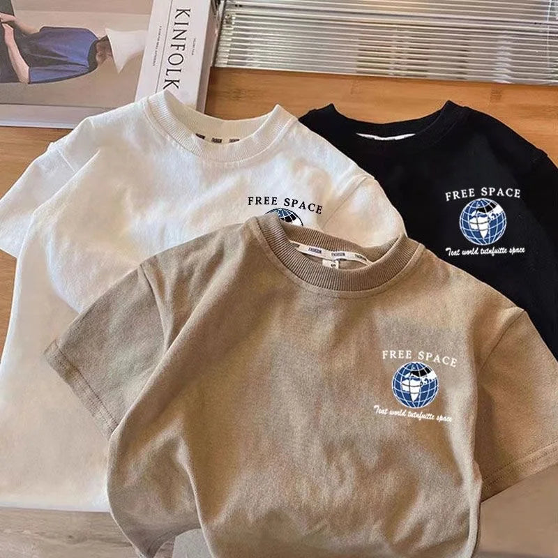 Kids Boy Space Pattern T Shirt Children Short-Sleeved Trendy Tees Clothes Baby Summer Popular Crewneck Loose T-Shirts Tops 1-7T