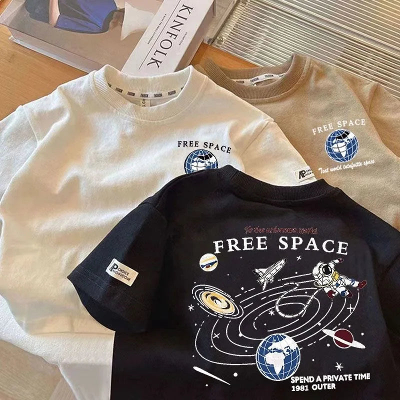 Kids Boy Space Pattern T Shirt Children Short-Sleeved Trendy Tees Clothes Baby Summer Popular Crewneck Loose T-Shirts Tops 1-7T