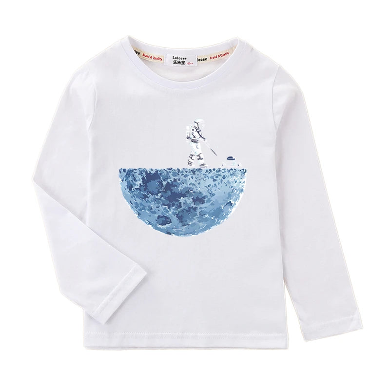 Boys Long Sleeved Shirt Astronaut Funny T-shirt Spring Autumn Cotton Clothes Kid Spaceman Fashion Tops