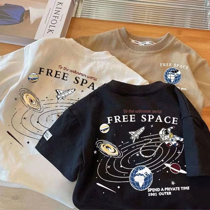 Kids Boy Space Pattern T Shirt Children Short-Sleeved Trendy Tees Clothes Baby Summer Popular Crewneck Loose T-Shirts Tops 1-7T