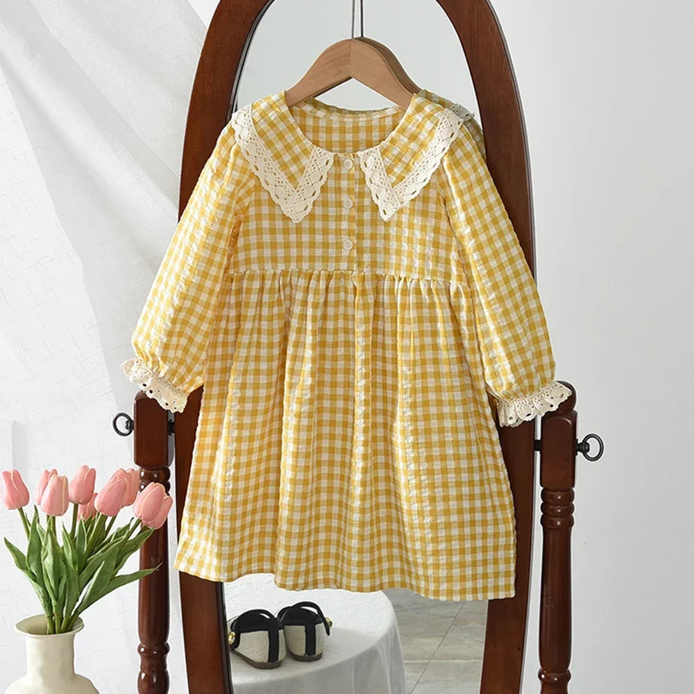 Autumn 3-7 Years Girls Fashion New Long Sleeve Plaid Print Loose Dress 1 Pc Kids Casual Wear Fashion Sweet Cute Clothes