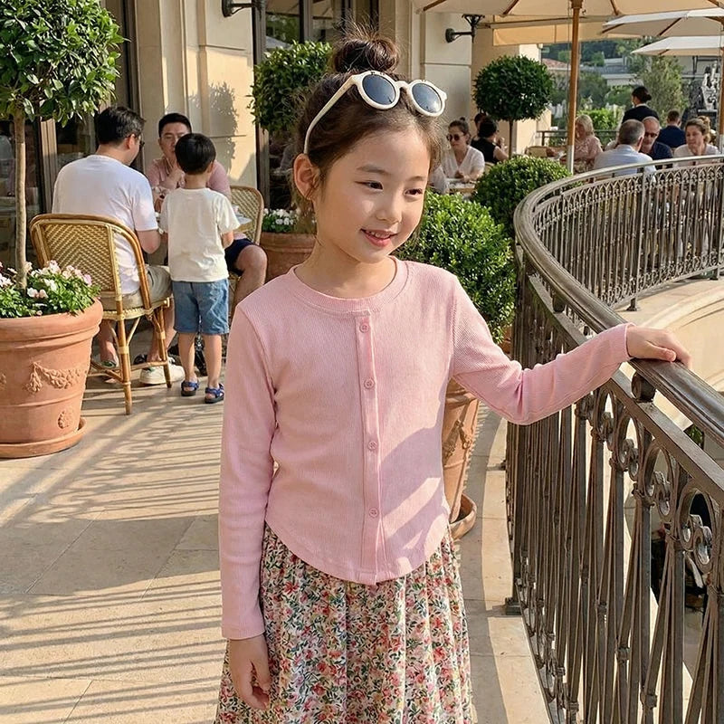 Spring New Children Solid Ribbed Tops Long Sleeve Breathable T-shirt Girls Basic Tee Kids Slim Casual Clothes