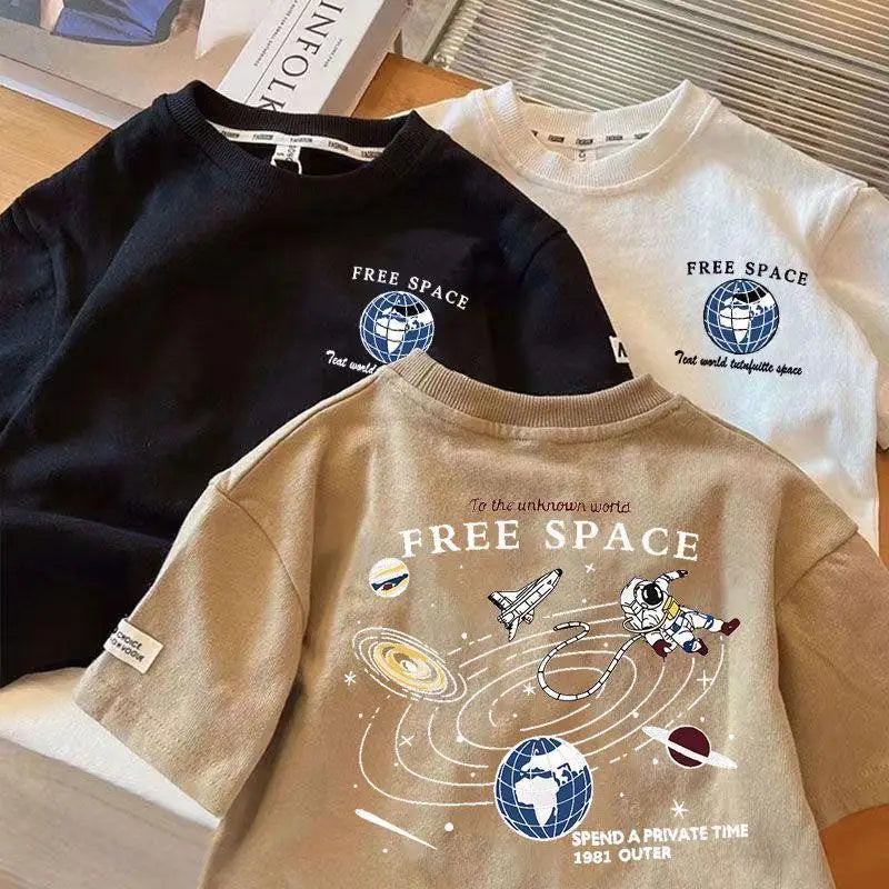 Kids Boy Space Pattern T Shirt Children Short-Sleeved Trendy Tees Clothes Baby Summer Popular Crewneck Loose T-Shirts Tops 1-7T