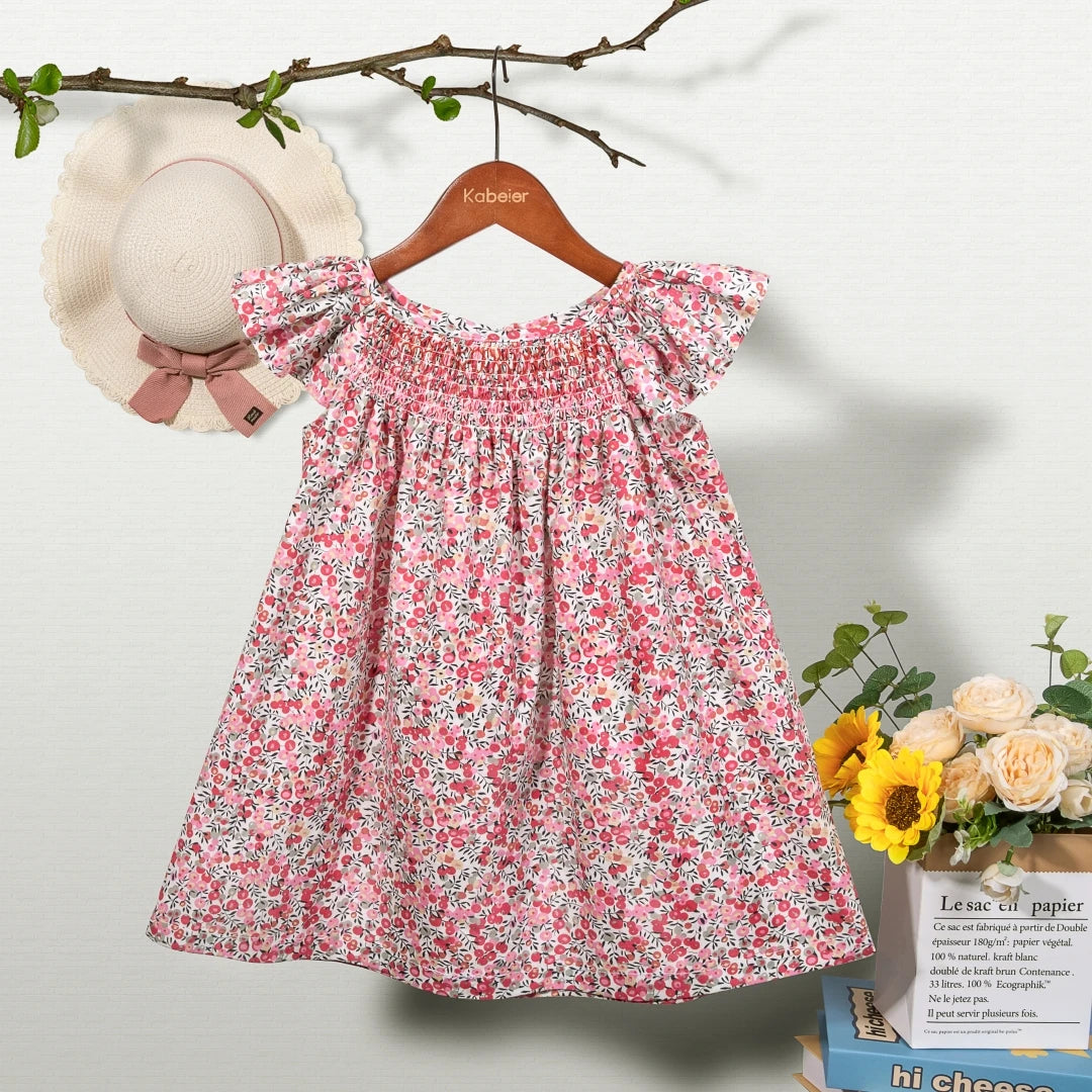 Floral Summer Dress for 1 2 3 4 5 6 Years Girls Smocking Design with Flying Sleeve Baby Toddler Daily Cute Clothes