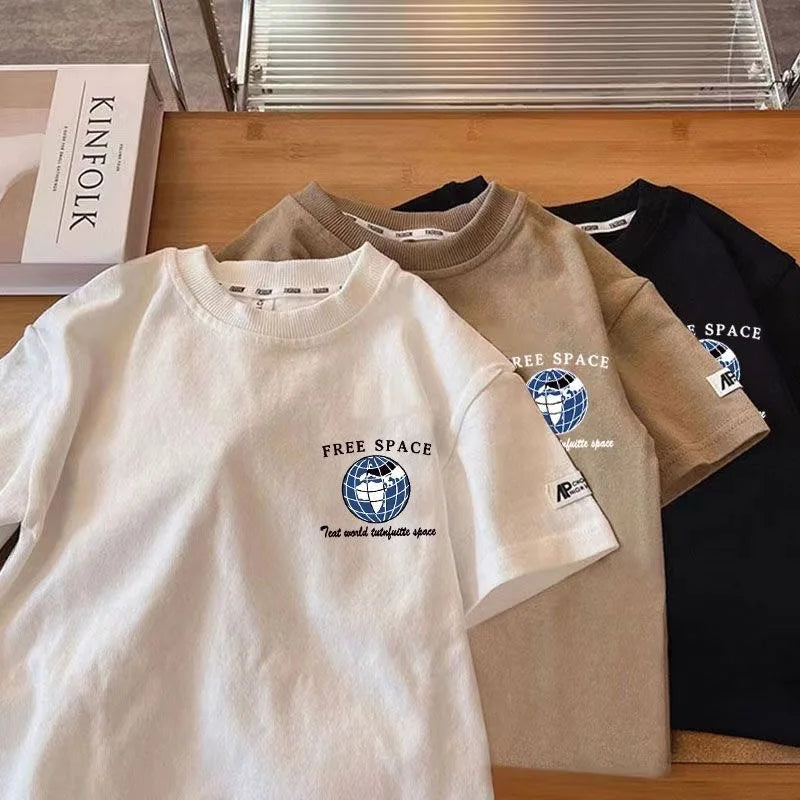 Kids Boy Space Pattern T Shirt Children Short-Sleeved Trendy Tees Clothes Baby Summer Popular Crewneck Loose T-Shirts Tops 1-7T