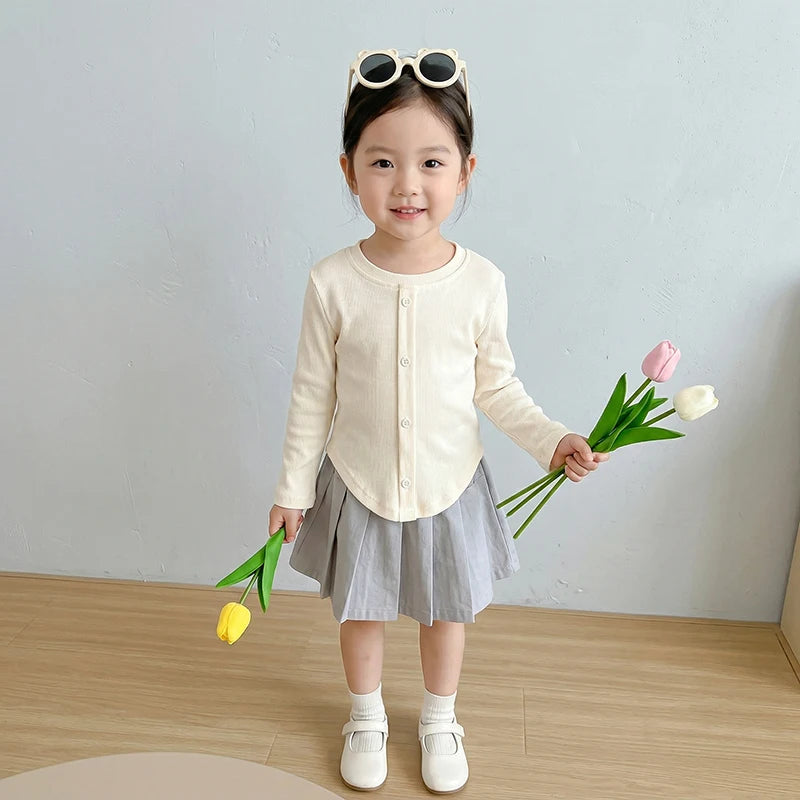 Spring New Children Solid Ribbed Tops Long Sleeve Breathable T-shirt Girls Basic Tee Kids Slim Casual Clothes