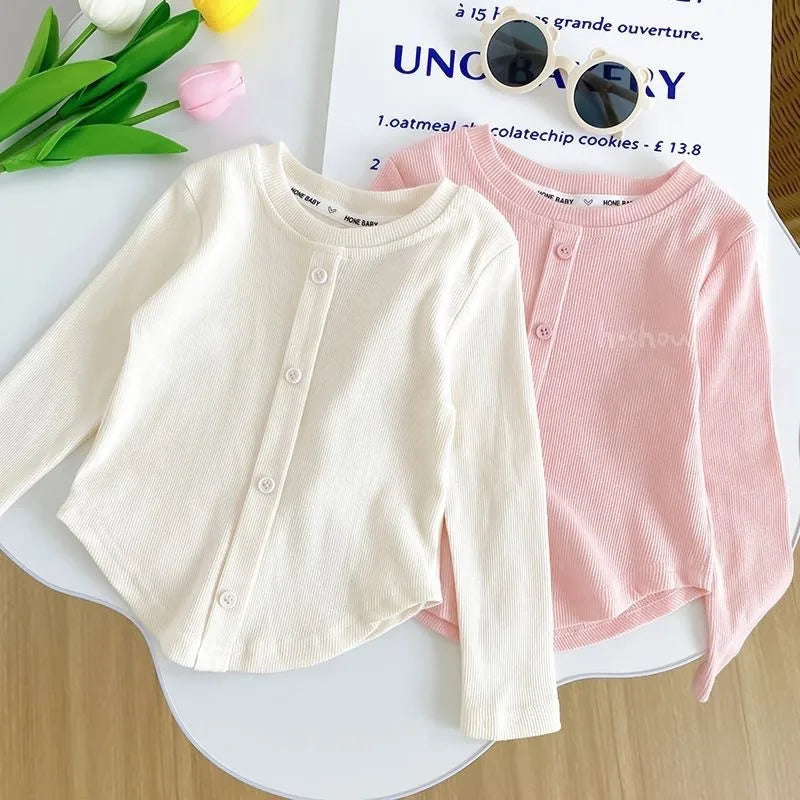 Spring New Children Solid Ribbed Tops Long Sleeve Breathable T-shirt Girls Basic Tee Kids Slim Casual Clothes