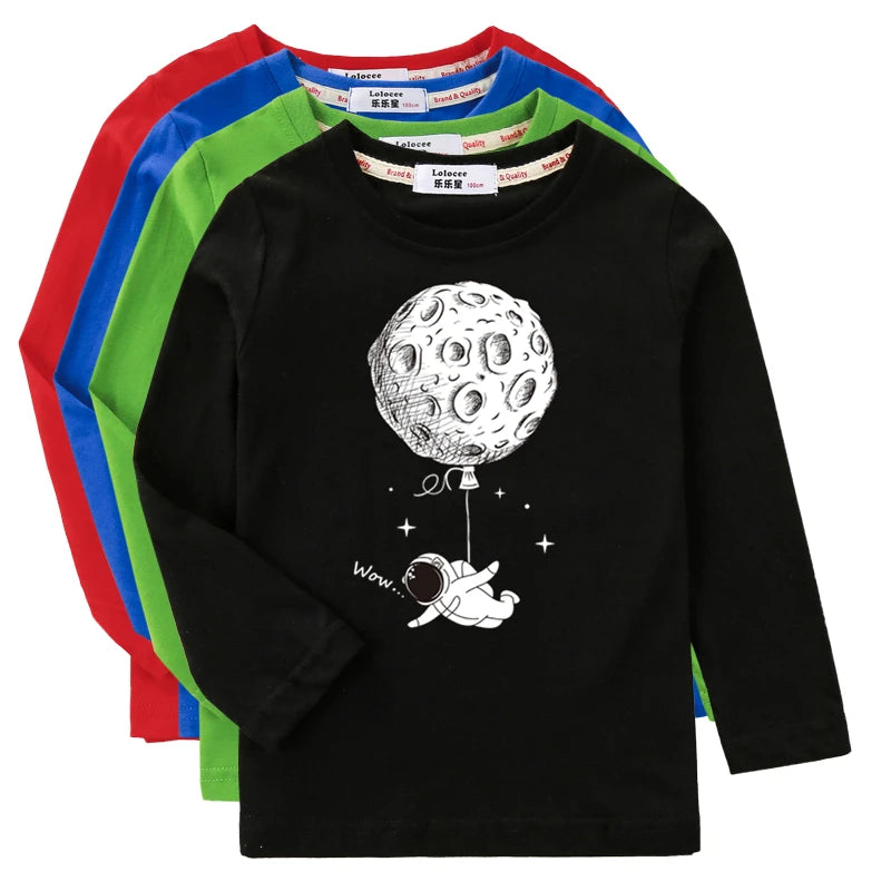 Boys Long Sleeved Shirt Astronaut Funny T-shirt Spring Autumn Cotton Clothes Kid Spaceman Fashion Tops