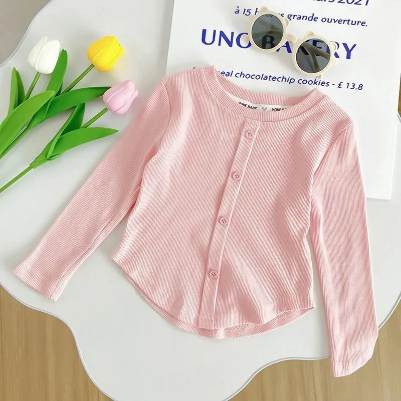 Spring New Children Solid Ribbed Tops Long Sleeve Breathable T-shirt Girls Basic Tee Kids Slim Casual Clothes