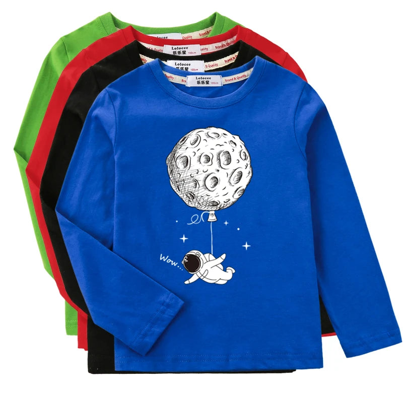 Boys Long Sleeved Shirt Astronaut Funny T-shirt Spring Autumn Cotton Clothes Kid Spaceman Fashion Tops